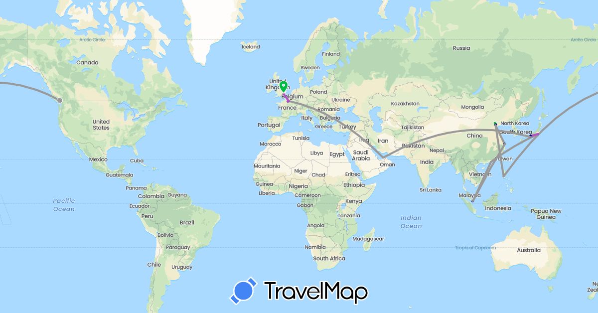 TravelMap itinerary: driving, bus, plane, train in United Arab Emirates, Canada, China, France, United Kingdom, Japan, Philippines, Singapore (Asia, Europe, North America)